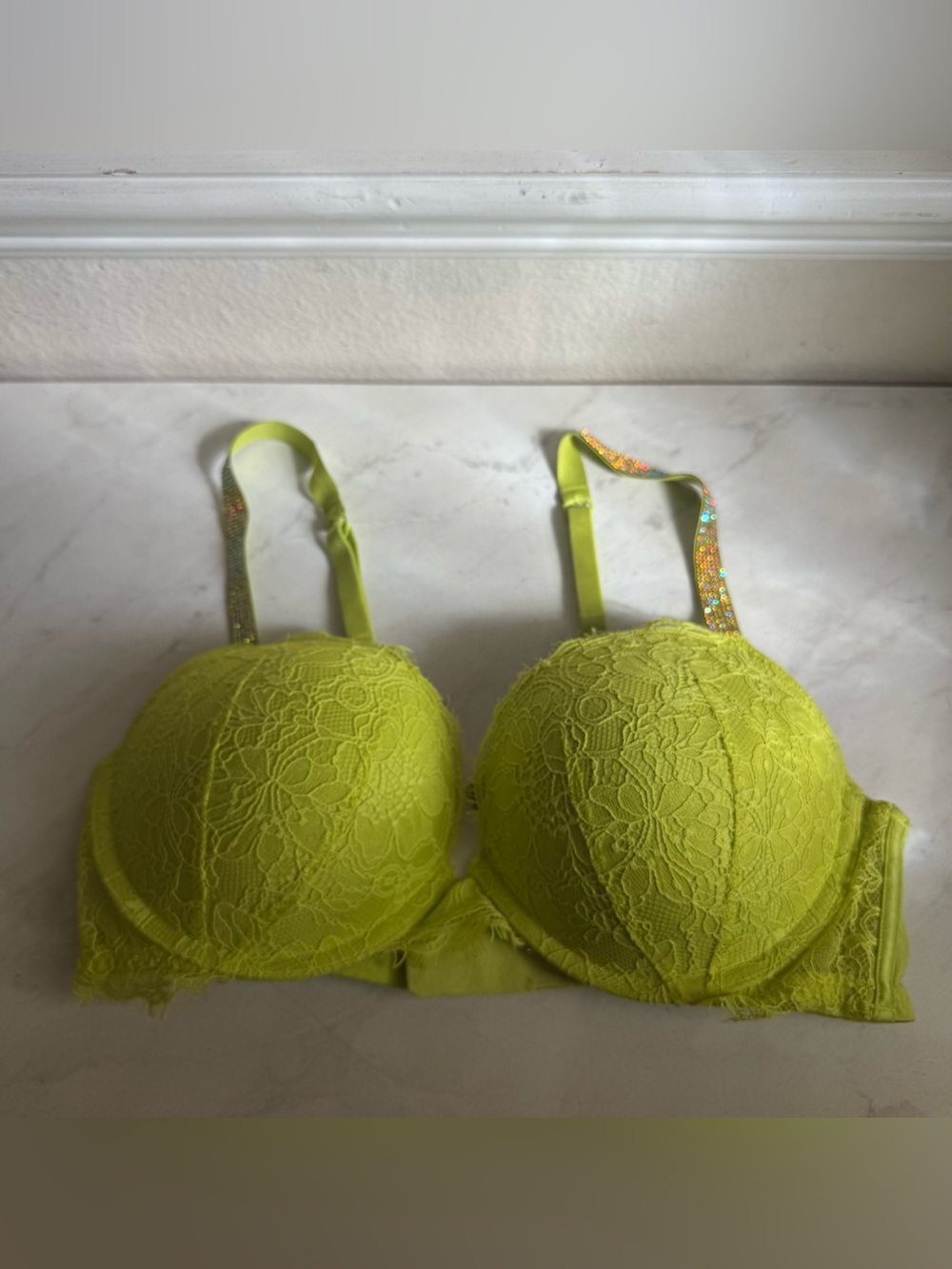 VS Very Sexy Lace Push-Up Bra in Lime Green With Bling Straps
